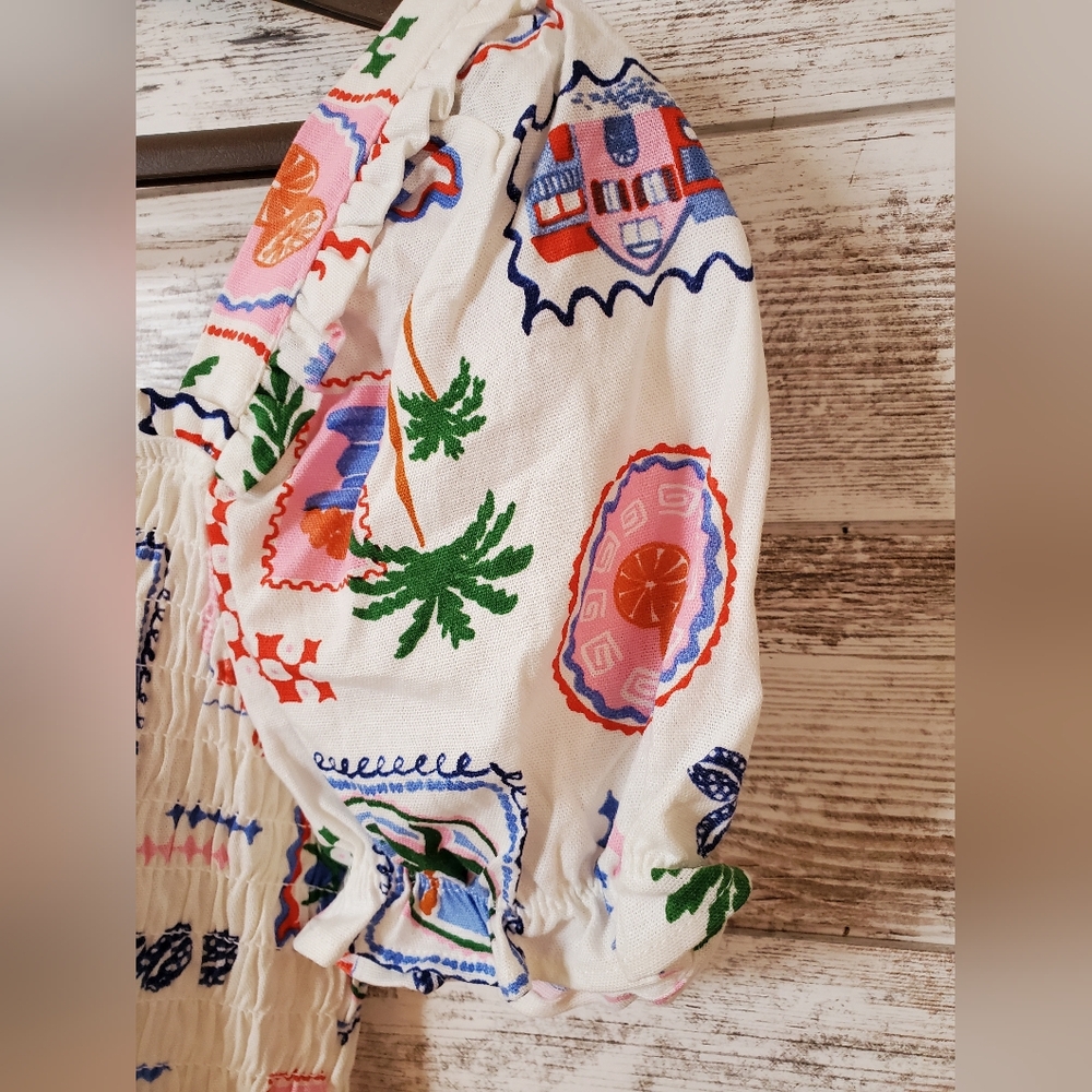 NWOT Monteau Los Angeles linen-blend smocked puff sleeve top - Picture 2 of 5
